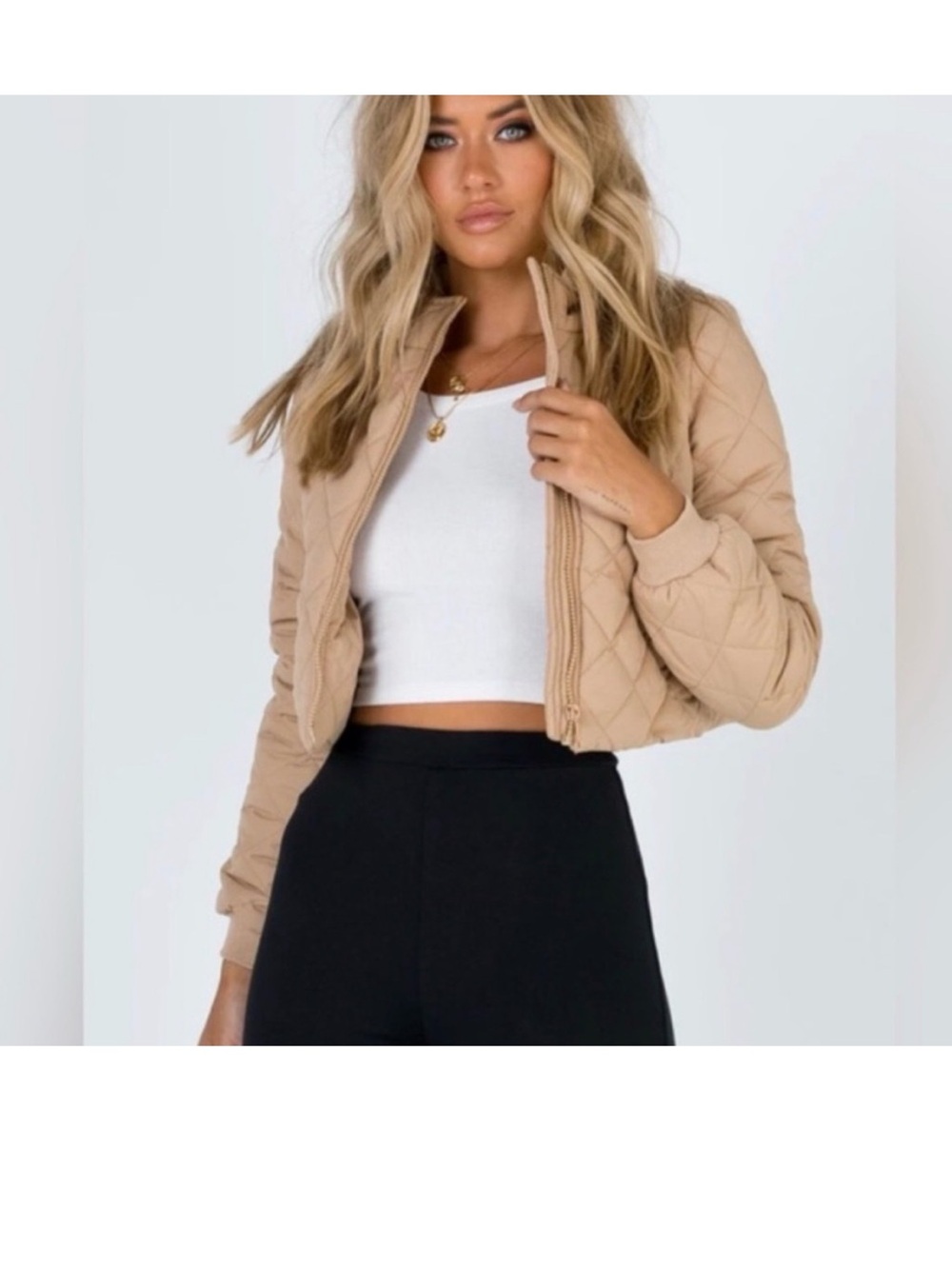 Princess Polly Quilted Cropped Bomber Jacket in Beige